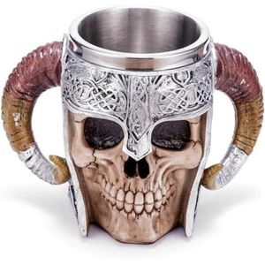 Stainless Steel Double Handle Horn Skull BeerCup,Viking Warrior SkullMug Tankard